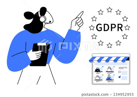 Data protection, privacy compliance, online security, customer support, regulations, website management. Person holding clipboard pointing to GDPR text near icon of website privacy settings. Data 134952955