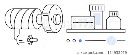 Manufacturing process, pharmaceutical industry, medical equipment, medication production, drug development, healthcare. ion of machinery and medicine. Pharmaceutical industry and medical equipment 134952959