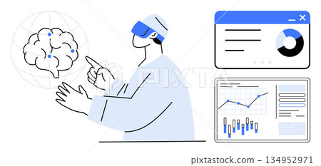 Artificial intelligence, data science, medical research, virtual reality, innovation, futuristic analytics. Person wearing VR headset pointing to brain graphic. Artificial intelligence and data 134952971