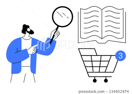 E-commerce, online research, product review, education, consumer behavior, digital commerce. Person holding magnifying glass next to book and shopping cart with notification. E-commerce and online E-commerce, online research, product review, education, consumer behavior, digital commerce. Person holding magnifying glass next to book and shopping cart with notification. E-commerce and online 134952974