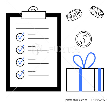 Financial planning, rewards programs, budgeting, gift giving, task completion, goal achievement. A checklist with blue check marks, coins and a wrapped gift. Financial planning and rewards programs 134952976