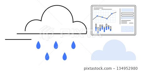 Cloud computing, data analytics, weather forecasting, technology, data visualization, environmental monitoring. Cloud with rain drops, analytics chart and abstract cloud symbol. Cloud computing Cloud computing, data analytics, weather forecasting, technology, data visualization, environmental monitoring. Cloud with rain drops, analytics chart and abstract cloud symbol. Cloud computing 134952980