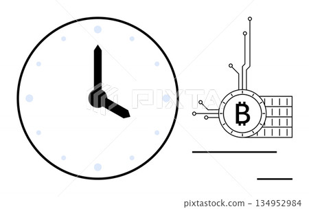 Time management, cryptocurrency, blockchain, digital currency, fintech, investment. Clock symbol and Bitcoin icon connected by lines. Time management and cryptocurrency concepts Time management, cryptocurrency, blockchain, digital currency, fintech, investment. Clock symbol and Bitcoin icon connected by lines. Time management and cryptocurrency concepts 134952984