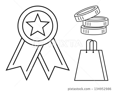 Rewards, shopping, finance, ecommerce, loyalty programs, savings. Outline of an award ribbon, stacked coins and shopping bag. Rewards and shopping iconography showcase finance and loyalty 134952986