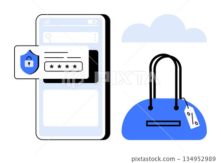 Online shopping, ecommerce, cybersecurity, mobile protection, identity verification, cloud storage. A smartphone with password security and a shopping bag. Online shopping and cybersecurity concept Online shopping, ecommerce, cybersecurity, mobile protection, identity verification, cloud storage. A smartphone with password security and a shopping bag. Online shopping and cybersecurity concept 134952989