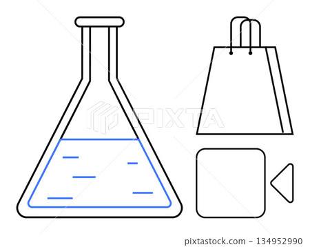 Science, e-commerce, multimedia design, laboratory tools, packaging concepts, and user interface design. Laboratory flask with liquid, shopping bag and multimedia shapes. Science and e-commerce Science, e-commerce, multimedia design, laboratory tools, packaging concepts, and user interface design. Laboratory flask with liquid, shopping bag and multimedia shapes. Science and e-commerce 134952990