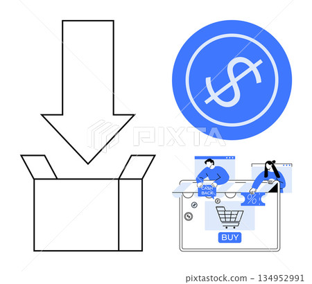 Online shopping, cash flow, digital transactions, e-commerce packaging, cash back programs, financial tech. Open box, dollar symbol and shopping cart on-screen. E-commerce and digital transactions 134952991