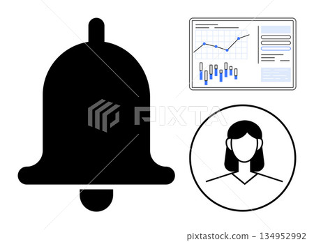 Notifications, data analytics, communication tools, user engagement, alerts, workplace productivity. Black bell icon, female avatar in circle analytics dashboard with charts. Notifications and data 134952992