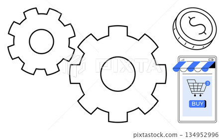Online shopping, e-commerce solutions, payment systems, digital retail, automation, technology workflow. Shopping cart and coin next to interlocking gears. E-commerce and payment systems concept Online shopping, e-commerce solutions, payment systems, digital retail, automation, technology workflow. Shopping cart and coin next to interlocking gears. E-commerce and payment systems concept 134952996