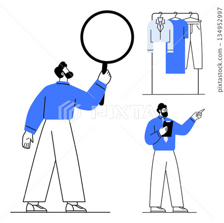 Fashion analysis, retail shopping, quality control, product inspection, clothing selection, wardrobe management. Person inspecting clothes on a rack, magnifying glass clipboard. Fashion analysis 134952997