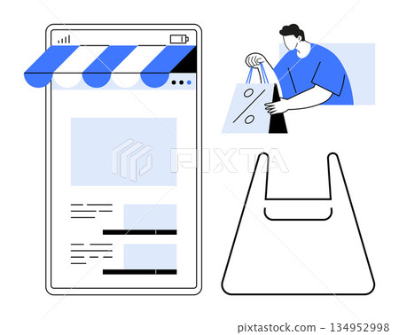 E-commerce, online shopping, digital retail, discount offers, customer service, delivery. Mobile shopping page, tote bag customer holding a purchase. E-commerce and online shopping concepts 134952998