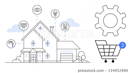 Smart home systems, IoT technology, energy efficiency, security, automation, e-commerce. House connected to smart devices, gear icon shopping cart. Smart home systems and IoT technology visually Smart home systems, IoT technology, energy efficiency, security, automation, e-commerce. House connected to smart devices, gear icon shopping cart. Smart home systems and IoT technology visually 134952999