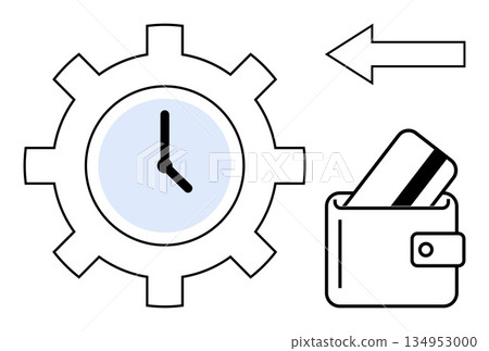 Time management, digital payments, financial planning, automation, productivity, cost efficiency. Gear with clock, wallet and arrow payment processes. Time management and digital payments concept 134953000