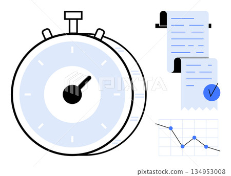 Time management, productivity, efficiency, goal setting, business analysis, task completion. Stopwatch with checklist and line graph. Time management and productivity focus Time management, productivity, efficiency, goal setting, business analysis, task completion. Stopwatch with checklist and line graph. Time management and productivity focus 134953008