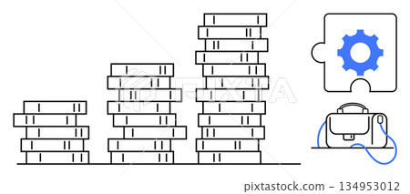 Business finance, strategic growth, planning ideas, monetary goals, investments, savings. Four stacks of coins, gear puzzle piece and a briefcase. Business finance and strategic growth concept 134953012