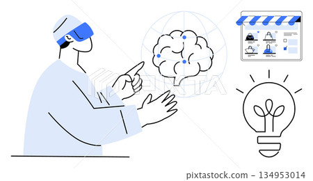 Artificial intelligence, VR technology, innovation, online learning, e-commerce, neuroscience. Person using VR headset interacting with virtual brain, shop and lightbulb icon. AI and VR technology Artificial intelligence, VR technology, innovation, online learning, e-commerce, neuroscience. Person using VR headset interacting with virtual brain, shop and lightbulb icon. AI and VR technology 134953014