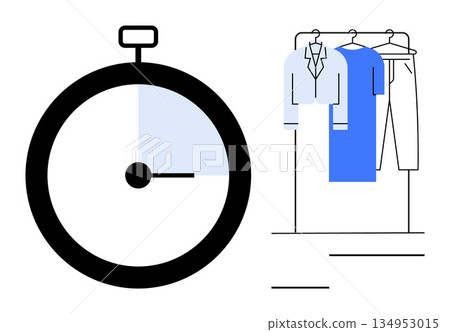 Time management, laundry services, fashion choices, shopping organization, productivity, efficient lifestyle. Stopwatch next to a clothing rack with garments. Time management and laundry services Time management, laundry services, fashion choices, shopping organization, productivity, efficient lifestyle. Stopwatch next to a clothing rack with garments. Time management and laundry services 134953015