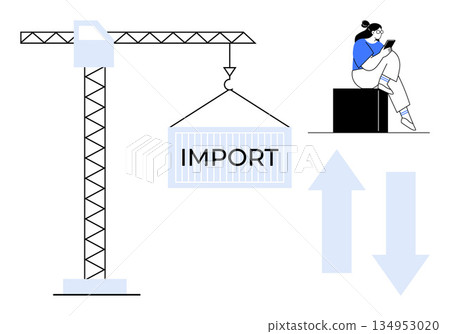 International trade, logistics, transport, digital business, commerce, supply chain. A crane lifts an import container, a person uses a device with arrows indicating trade flow. Trade and logistics 134953020