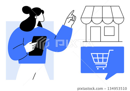Online shopping, digital marketing, small business, e-commerce, retail growth, purchasing convenience. Woman holding a tablet, pointing to a storefront and cart icon. E-commerce and online shopping 134953510