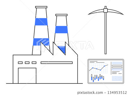 Industrial production, data analytics, mining automation, manufacturing technology, industrial efficiency, market analysis. Factory with smokestacks, mining pickaxe, and analytics dashboard 134953512