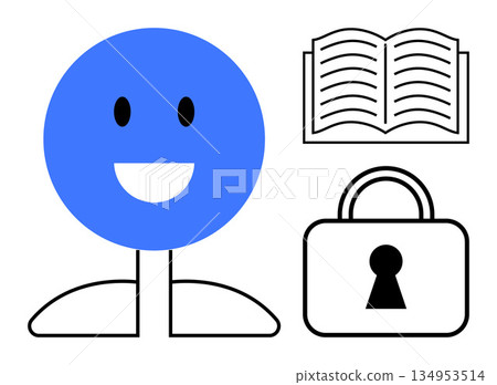 Data privacy, online education, informational security, digital protection, knowledge sharing, internet safety. happy face, book and padlock icon. Data privacy and online education concept 134953514
