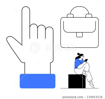 Business communication, digital workspace, online networking, modern workflow, technology integration, remote work. Hand pointing up, briefcase icon seated woman on phone. Business communication 134953516