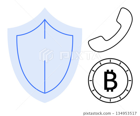 Cybersecurity, online safety, digital currency, fraud prevention, blockchain, financial security. A shield, Bitcoin coin and phone symbol displayed. Cybersecurity and digital currency concept 134953517