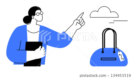 Shopping, e-commerce, cloud storage, digital retail, technology concepts, price tags. Woman in blue holding a folder, pointing at a cloud near a handbag with a tag. Shopping and e-commerce Shopping, e-commerce, cloud storage, digital retail, technology concepts, price tags. Woman in blue holding a folder, pointing at a cloud near a handbag with a tag. Shopping and e-commerce 134953519