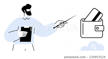 Digital payments, e-commerce, financial transactions, online banking, fintech education, budgeting tools. Man pointing at a wallet with a credit card. Digital payments and e-commerce concept Digital payments, e-commerce, financial transactions, online banking, fintech education, budgeting tools. Man pointing at a wallet with a credit card. Digital payments and e-commerce concept 134953524
