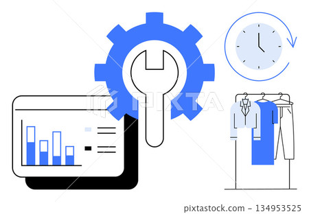 Productivity, project management, efficiency, data analysis, workflow optimization, deadline tracking. Gear and graph alongside clock and clothing. Productivity and project management Productivity, project management, efficiency, data analysis, workflow optimization, deadline tracking. Gear and graph alongside clock and clothing. Productivity and project management 134953525