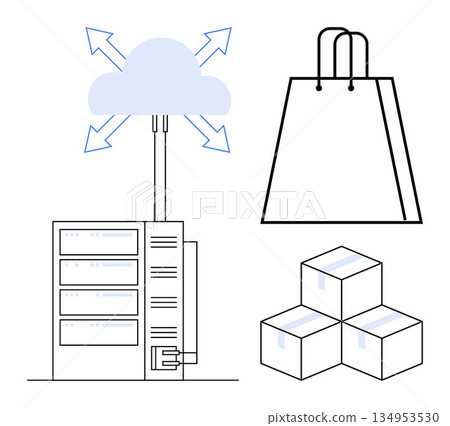 E-commerce, logistics, digital storage, retail operations, cloud services, online shopping. Cloud server connected to storage, shopping bag and boxes. E-commerce and logistics concept 134953530