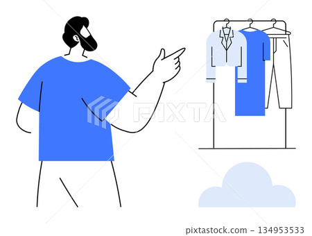 Fashion selection, decision making, shopping guidance, personal style, wardrobe organization, modern aesthetics. A man gestures toward a clothing rack with casual and formal outfits. Fashion 134953533