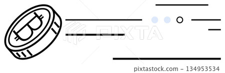 Cryptocurrency, blockchain, digital payments, online transactions, decentralized finance, modern investment. A Bitcoin symbol coin in motion with dynamic lines. Cryptocurrency and digital payments 134953534