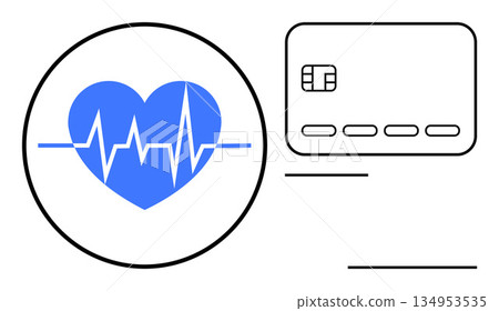 Healthcare payment systems, medical billing, financial technology, health insurance, digital healthcare, online payments. Blue heart with heartbeat line and credit card icon. Healthcare payment Healthcare payment systems, medical billing, financial technology, health insurance, digital healthcare, online payments. Blue heart with heartbeat line and credit card icon. Healthcare payment 134953535