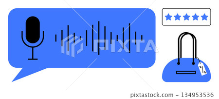 Voice search, e-commerce, customer reviews, AI-driven shopping, product evaluation, user feedback. Speech bubble with microphone and soundwave, bag and star ratings. Voice search and e-commerce 134953536