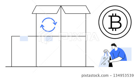 E-commerce, cryptocurrency, logistics, sustainability, online shopping, digital payments. Boxes with a recycling symbol, Bitcoin logo person with a bag. E-commerce and cryptocurrency concepts E-commerce, cryptocurrency, logistics, sustainability, online shopping, digital payments. Boxes with a recycling symbol, Bitcoin logo person with a bag. E-commerce and cryptocurrency concepts 134953539
