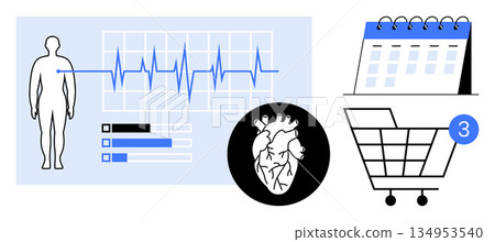 Healthcare, fitness tracking, digital shopping, scheduling, health data monitoring, cardiovascular health concept. a human figure, heartbeat graph, heart anatomy calendar and shopping cart Healthcare, fitness tracking, digital shopping, scheduling, health data monitoring, cardiovascular health concept. a human figure, heartbeat graph, heart anatomy calendar and shopping cart 134953540
