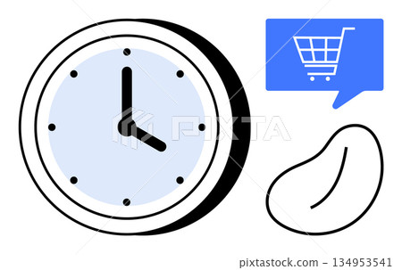 Time tracking, online shopping, productivity, decision-making, digital communication, modern technology. Clock, shopping cart in speech bubble and bean shape. Time tracking and online shopping Time tracking, online shopping, productivity, decision-making, digital communication, modern technology. Clock, shopping cart in speech bubble and bean shape. Time tracking and online shopping 134953541