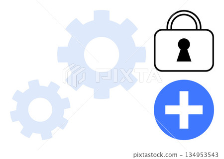 Cybersecurity, data management, digital innovation, risk analysis, technology infrastructure, system upgrades. Gears, a lock and a plus sign symbol display. Cybersecurity and data management 134953543