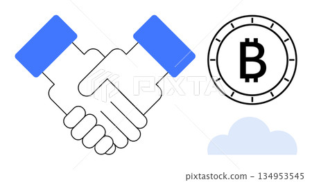 Blockchain, cryptocurrency, finance, cloud technology, partnership, smart contracts. Handshake with Bitcoin and cloud icon. Blockchain and cryptocurrency concepts portraying collaboration and finance 134953545