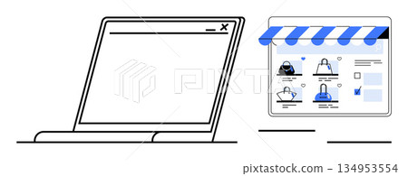 E-commerce, online retail, digital marketplace, shopping cart, small business, internet store. Laptop next to a storefront website with product icons. E-commerce and online retail concept E-commerce, online retail, digital marketplace, shopping cart, small business, internet store. Laptop next to a storefront website with product icons. E-commerce and online retail concept 134953554