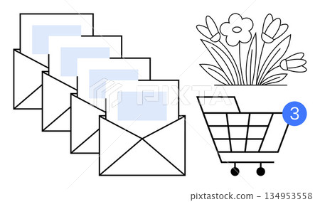 E-commerce, notifications, communication, messaging, floral delivery, digital shopping. Envelopes with letters, flower bouquet and shopping cart with notification. E-commerce and notifications 134953558