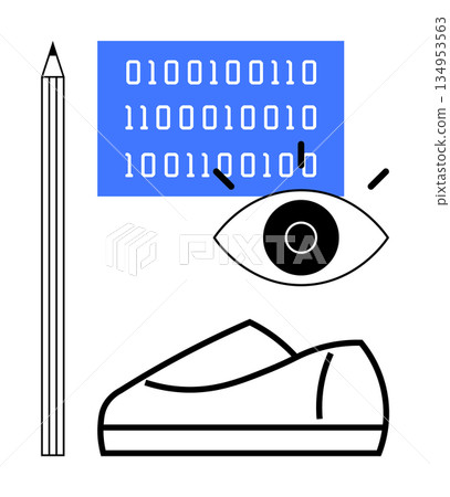 Technology, data analysis, surveillance, innovation, creativity, coding. Digital eye and binary code with a pen and shoe line art technology and data analysis. Technology and surveillance concept Technology, data analysis, surveillance, innovation, creativity, coding. Digital eye and binary code with a pen and shoe line art technology and data analysis. Technology and surveillance concept 134953563