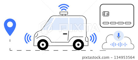 Autonomous vehicles, smart technology, GPS navigation, cashless payment, voice control, cloud connection. A self-driving car with GPS pin, credit card and voice command icon. Autonomous vehicles Autonomous vehicles, smart technology, GPS navigation, cashless payment, voice control, cloud connection. A self-driving car with GPS pin, credit card and voice command icon. Autonomous vehicles 134953564