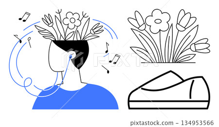 Creativity, mindfulness, mental health, relaxation, music therapy, self-expression. A person with flowers sprouting from their head while listening to music, surrounded by flowers. Creativity Creativity, mindfulness, mental health, relaxation, music therapy, self-expression. A person with flowers sprouting from their head while listening to music, surrounded by flowers. Creativity 134953566