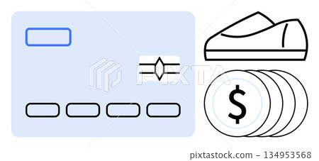 Online shopping, e-commerce, digital payment, financial transactions, retail, consumer goods. Credit card, stack of coins and a shoe graphic. Online shopping and e-commerce platform Online shopping, e-commerce, digital payment, financial transactions, retail, consumer goods. Credit card, stack of coins and a shoe graphic. Online shopping and e-commerce platform 134953568