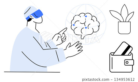 Artificial intelligence, neuroscience, virtual interaction, facial recognition, digital payments, modern technology. Person in VR headset interacting with brain simulation. AI and virtual interaction 134953612