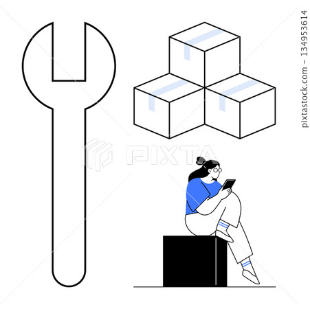 Logistics, warehouse management, shipping, supply chain, productivity tools, inventory system. Large wrench next to stacked boxes and a seated worker using a tablet. Logistics and warehouse 134953614