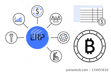 Business management, cryptocurrency, finance operations, data analytics, blockchain integration, process optimization. ERP hub with icons for tools, charts finance Bitcoin and tables. Business Business management, cryptocurrency, finance operations, data analytics, blockchain integration, process optimization. ERP hub with icons for tools, charts finance Bitcoin and tables. Business 134953616