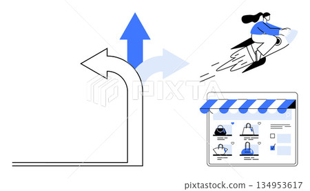 Business growth, e-commerce, innovation, entrepreneurship, goal setting, technology. Arrows indicate growth, woman on rocket s progress storefront online commerce. Business growth and e-commerce Business growth, e-commerce, innovation, entrepreneurship, goal setting, technology. Arrows indicate growth, woman on rocket s progress storefront online commerce. Business growth and e-commerce 134953617